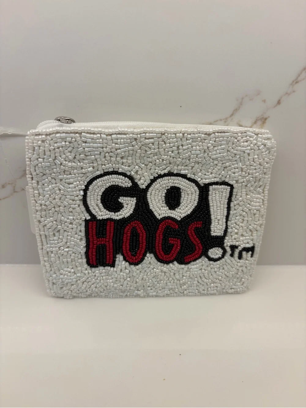 GO HOGS! Beaded White Zip Wristlet Pouch